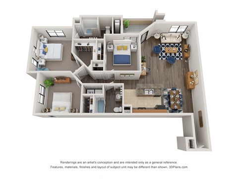 Floor plan for 3 beds, 2 baths, 1388 sqft